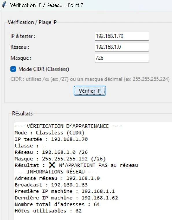 Vérification qu'une IP appartient à un réseau en mode CIDR, avec adresse réseau, broadcast, première et dernière IP machine.